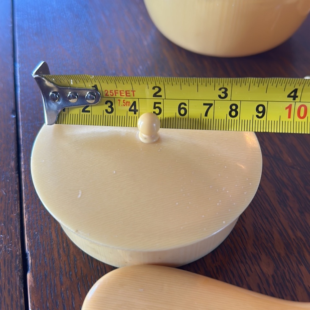 Antique Ivory Celluloid Vanity Set. 4 containers w lids, 1 hand mirror & 3 hooks - Picture 7 of 16